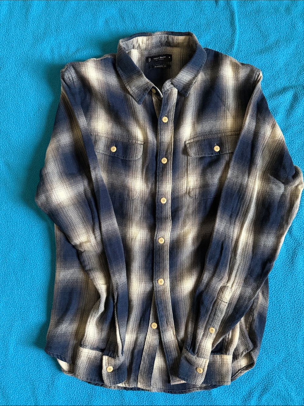 Lucky Brand Blue and Cream Plaid Button-Down Shirt